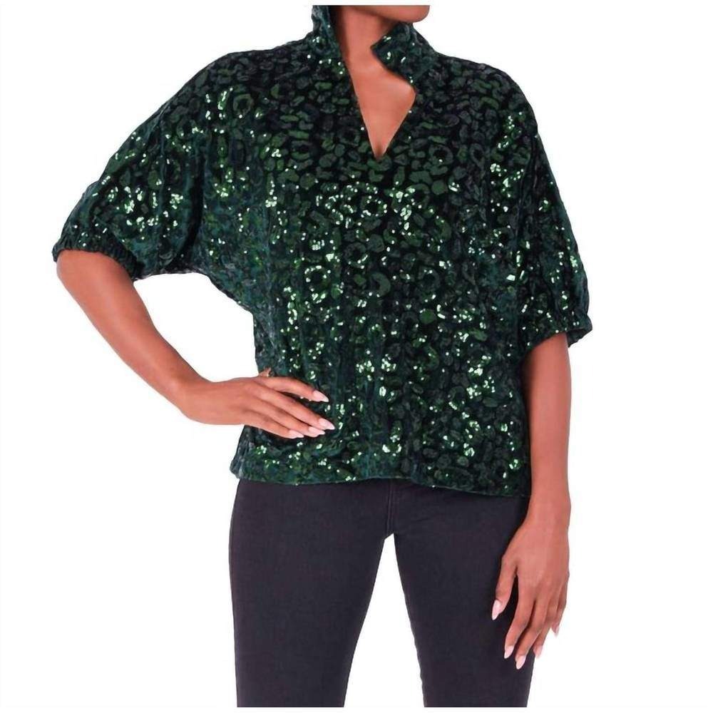 Emily McCarthy Green Sequin Cheetah Poppy‎ Top Emerald Leopard Blouse Small